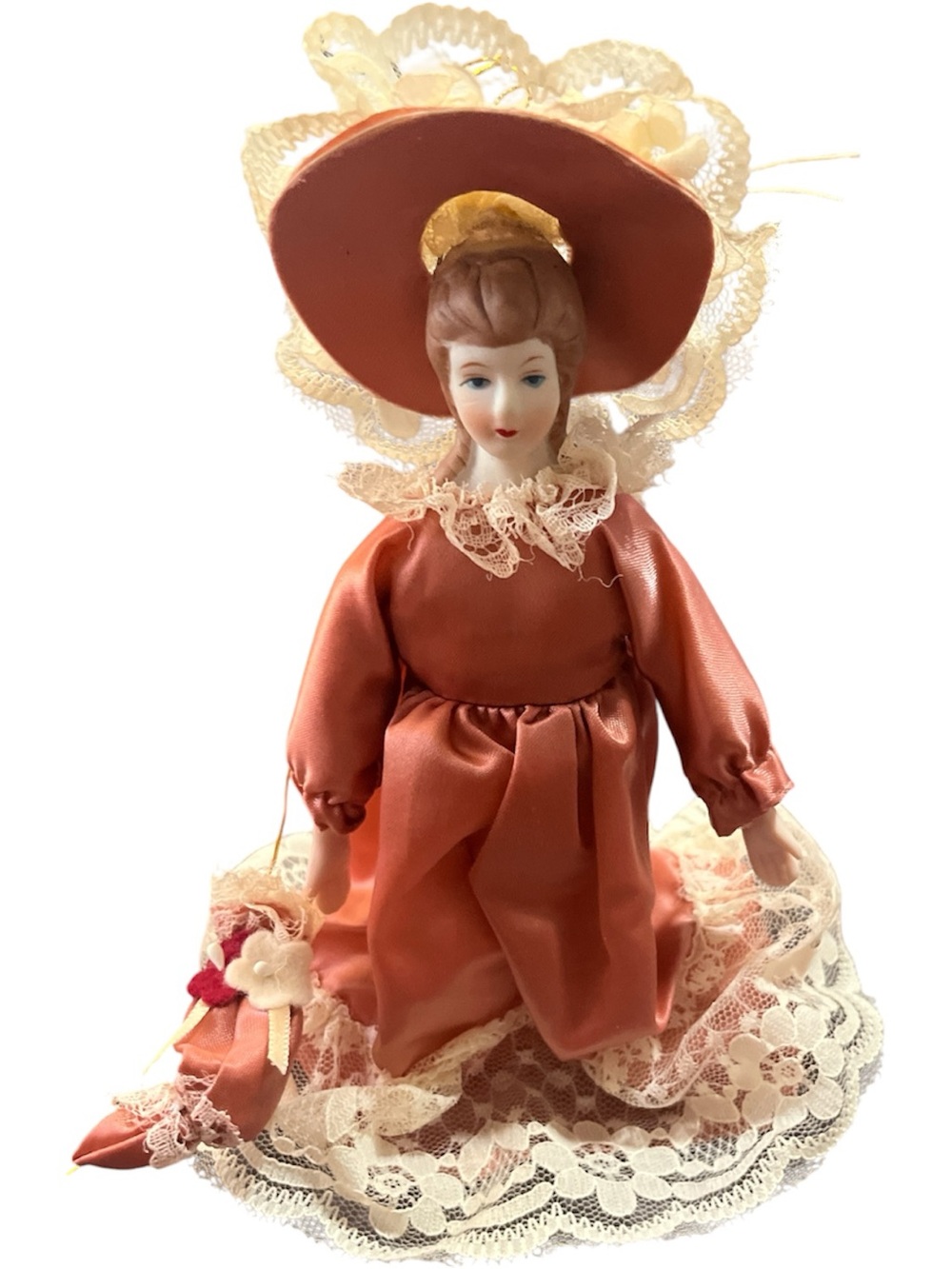 Porcelain Lady Doll in Peach Dress with Lace Hat